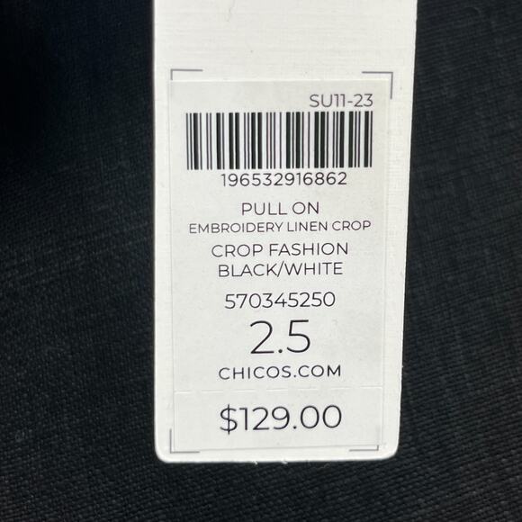 CHICOS Pants 2.5 14 Linen Crop Straight Leg Eyelet Hem Elastic Waist Black NEW - Picture 10 of 16